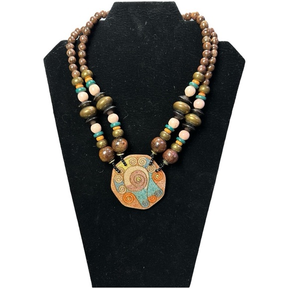 Chunky Artisan Beaded Necklace with Colorful Swirl Pendant | Boho Tribal Style - Picture 1 of 9